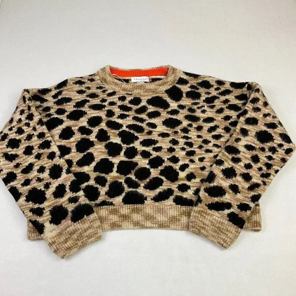 Topshop Womens Cropped Sweater Animal Print Knit Long Sleeve Pullover 6P Petites